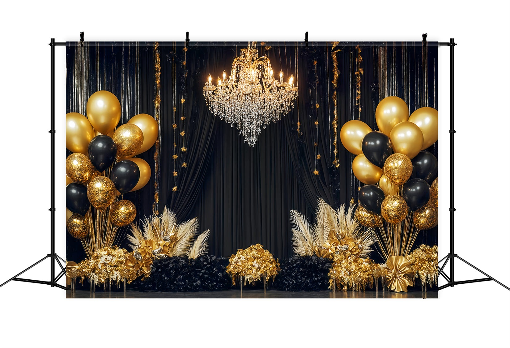 New Year Backdrop Ideas Luxury Chandelier Balloon Black And Gold Backdrop TWW512-28