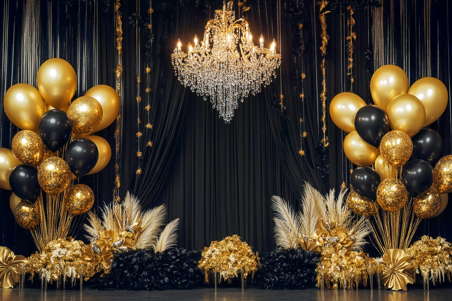 New Year Backdrop Ideas Luxury Chandelier Balloon Black And Gold Backdrop TWW512-28