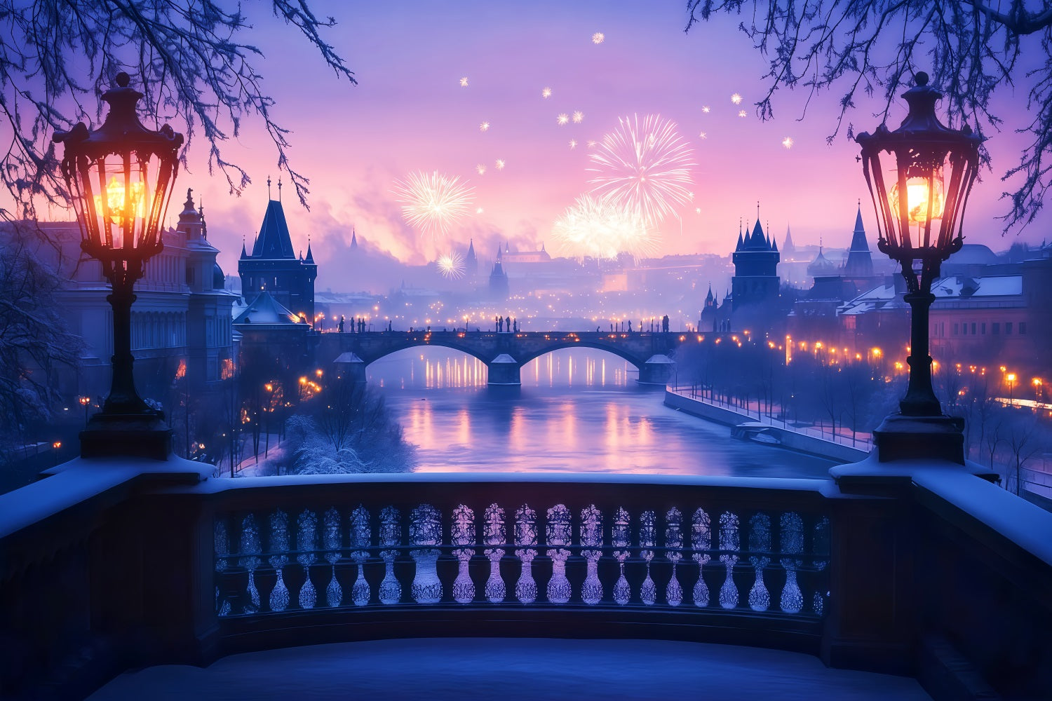 New Year Photo Backdrop Frosted River Fireworks Glow City Night Backdrop TWW512-29