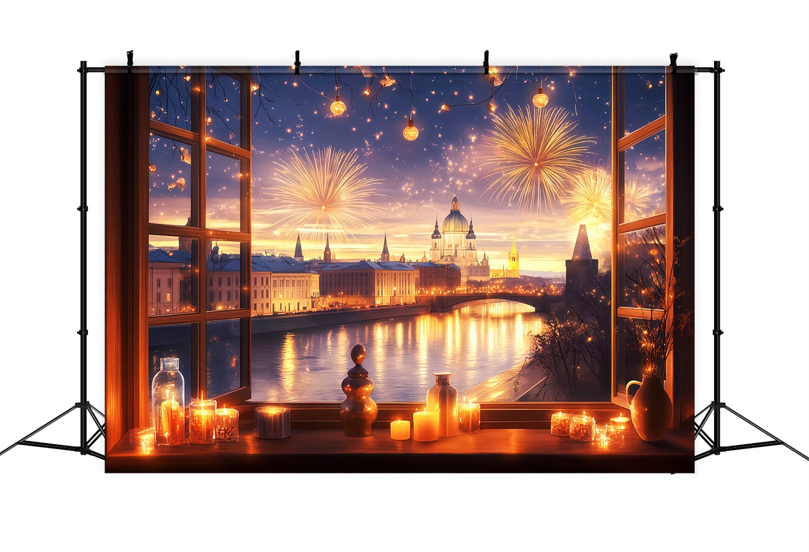 New Years Photo Backdrop Window City Fireworks Glow Cityscape Photo Backdrop TWW512-3
