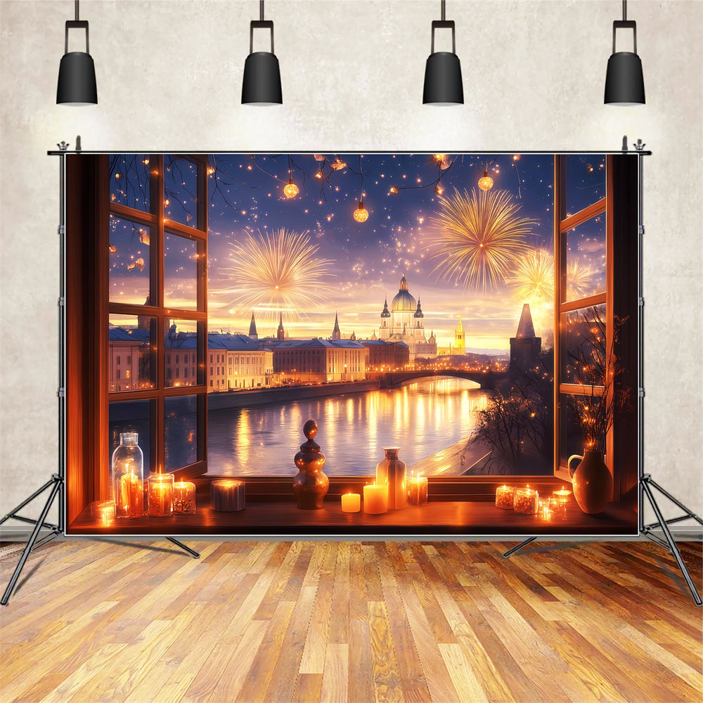 City Window Backdrops New Years Photo Backdrop Window City Fireworks Glow Cityscape Photo Ba