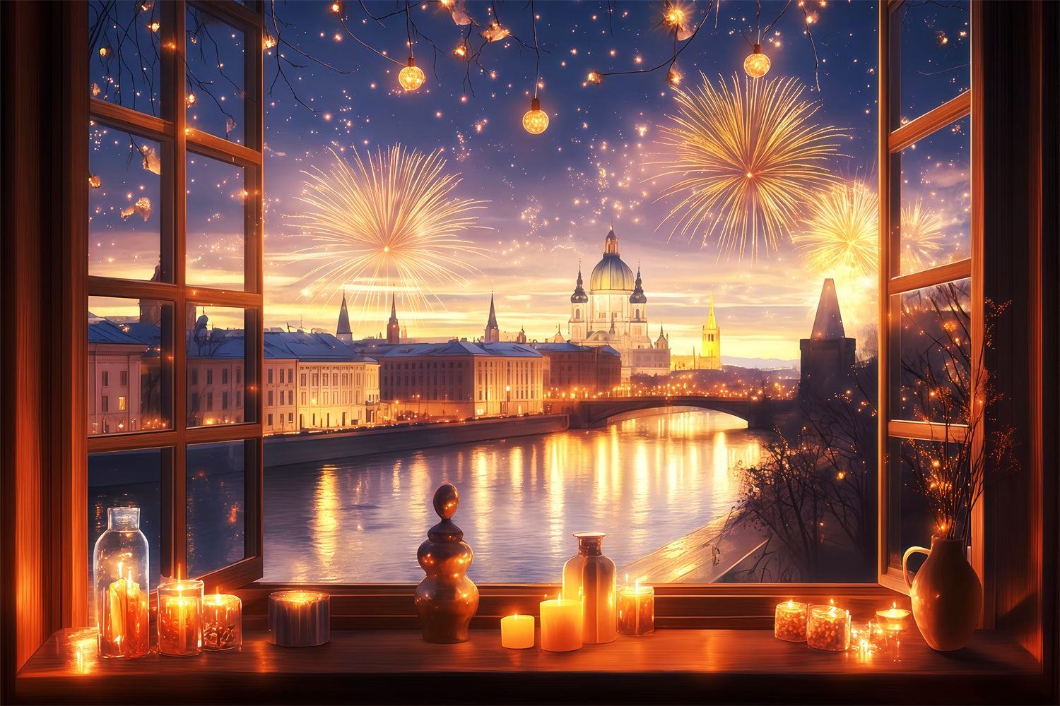 New Years Photo Backdrop Window City Fireworks Glow Cityscape Photo Backdrop TWW512-3