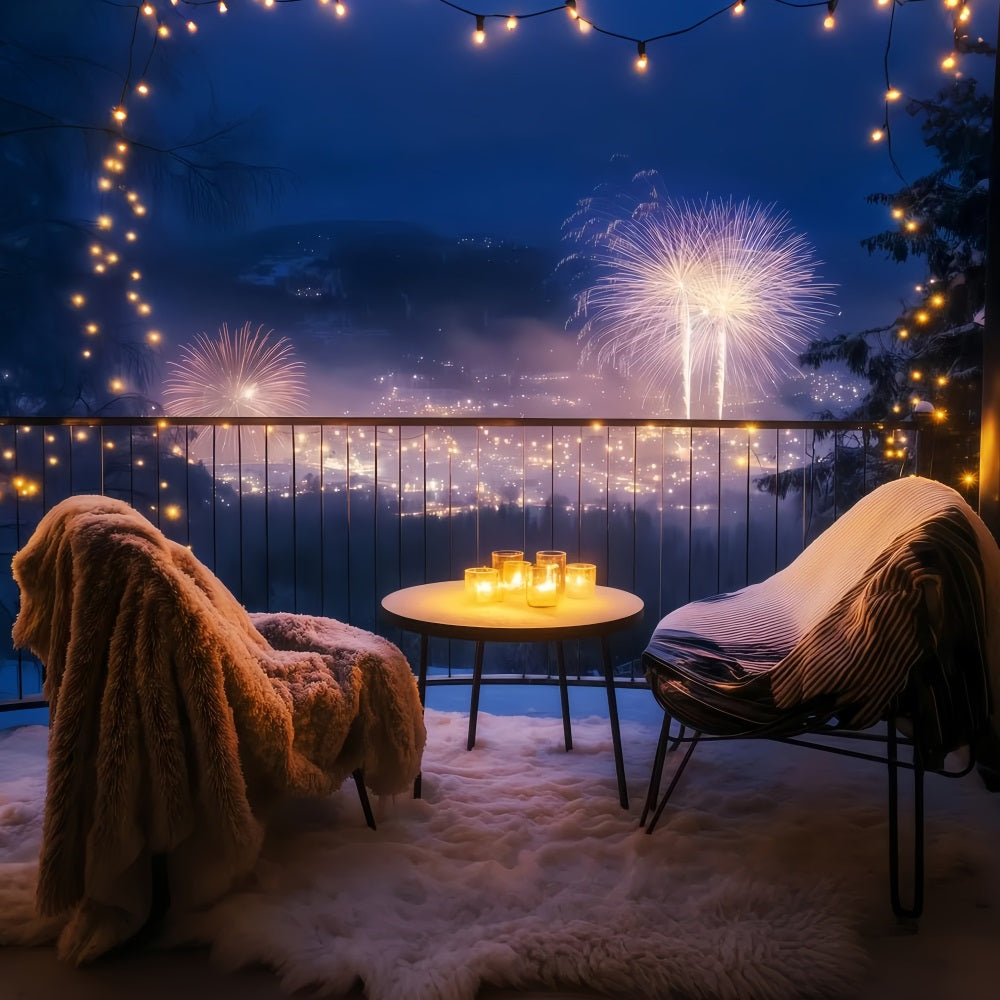 Happy New Year Backdrop Cozy Balcony Night Cityscape Fireworks Backdrop TWW512-32