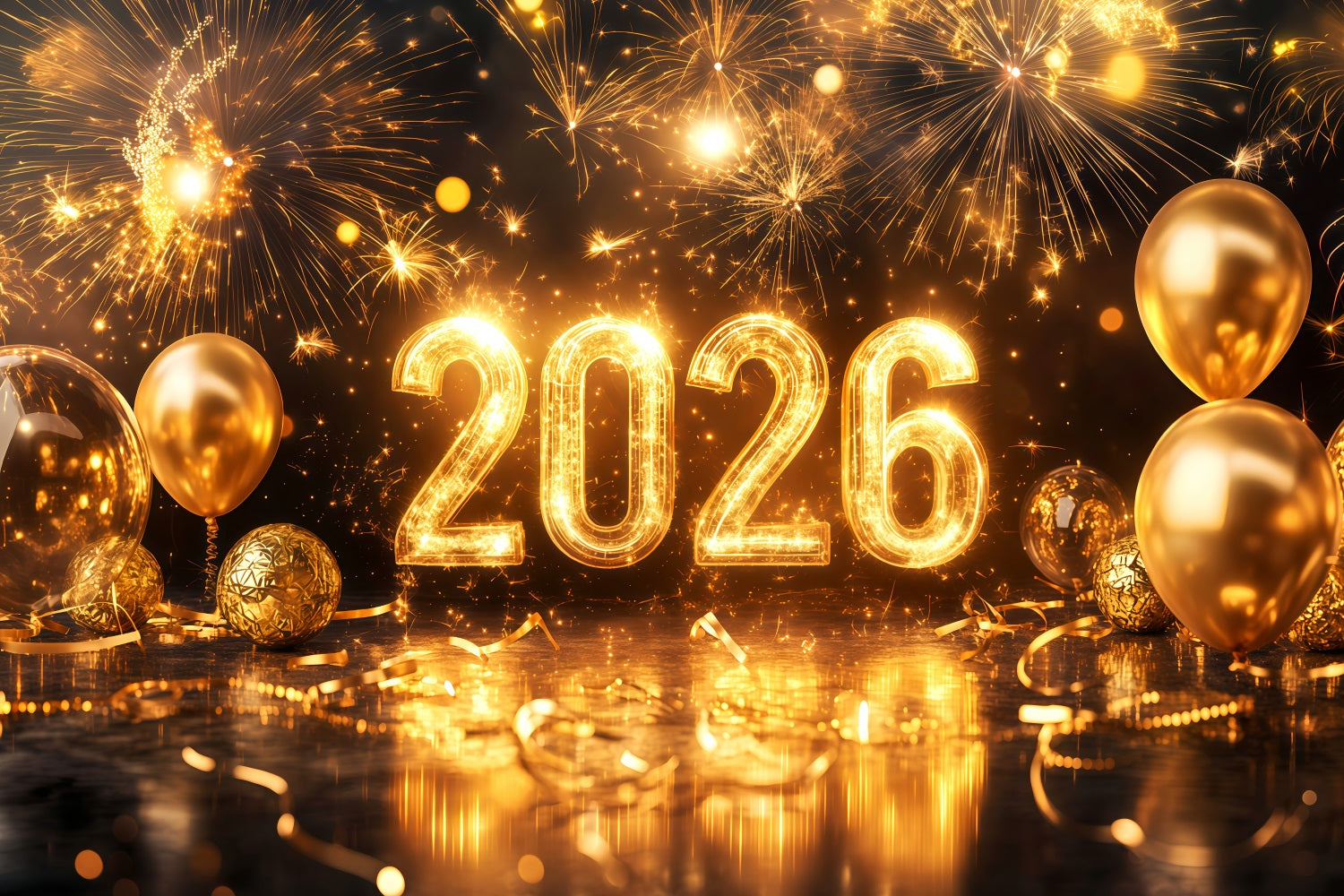 2026 New Year Backdrop Sparkling Gold Balloons Fireworks Backdrop TWW512-4