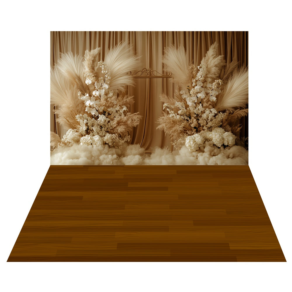 Cream Floral Dream Backdrop+Classic Wood Floor Backdrop TWW57-105