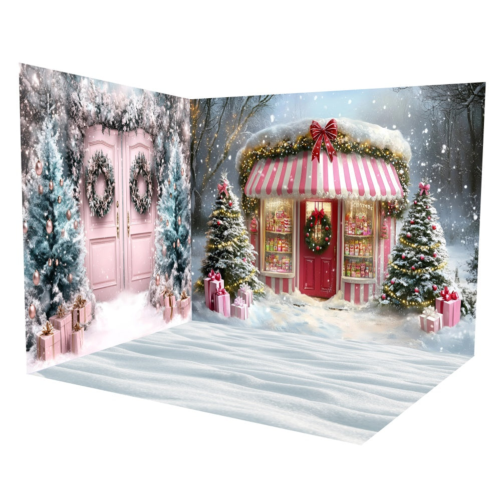 Christmas Photo Backdrop Pink Candy Cottage Backdrop Room Set TWW57-46