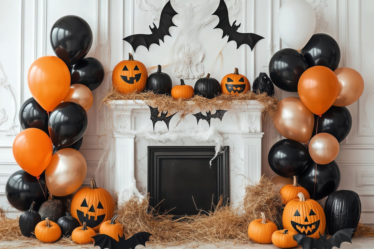 Halloween Wall Backdrop Pumpkin Fireplace with Balloon Decor Halloween Backdrop TWW58-1