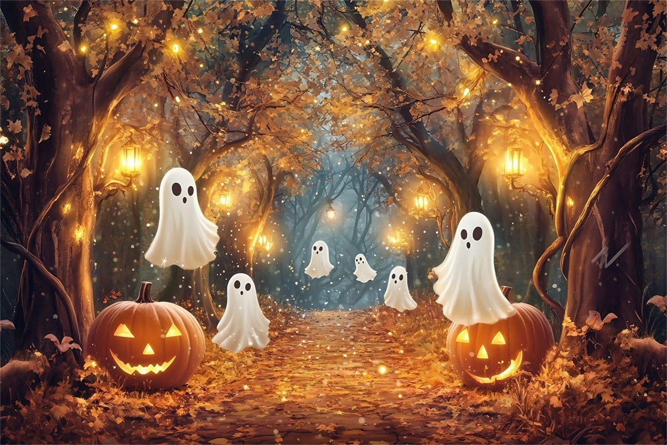 Halloween Graveyard Backdrop Glowing Ghosts in Enchanted Autumn Woods Halloween Backdrops TWW58-10