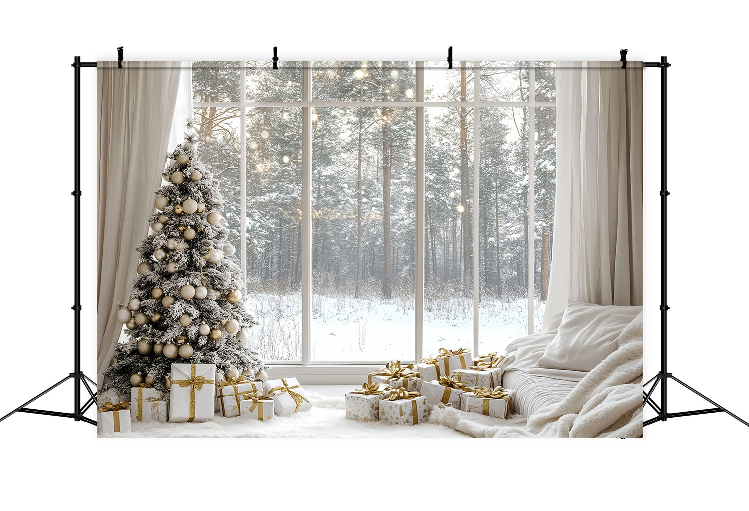 White Christmas Backdrop Snowy Pine Gold Ornament Cozy Window Christmas Backdrops for Photography TWW58-100