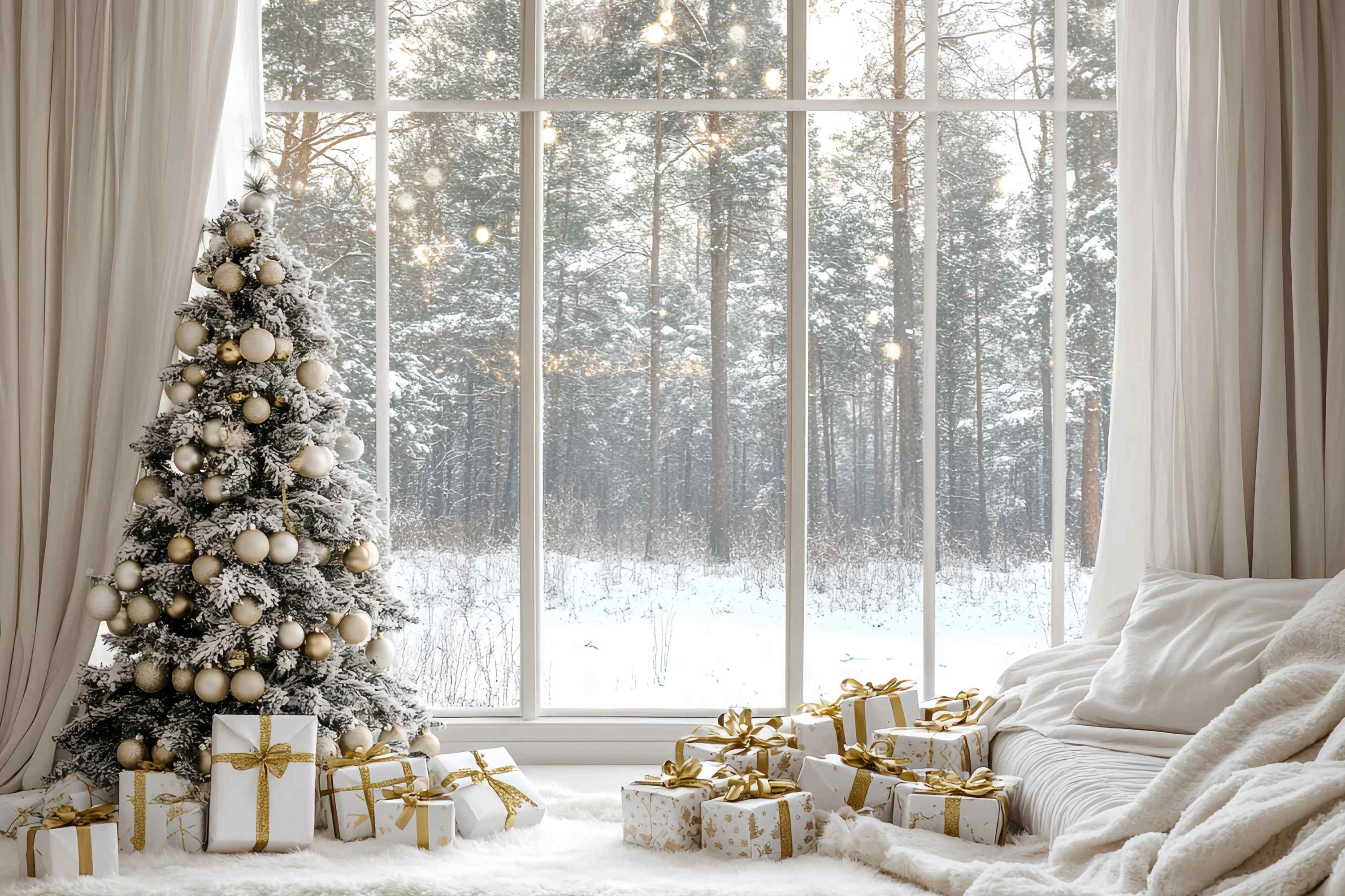 White Christmas Backdrop Snowy Pine Gold Ornament Cozy Window Christmas Backdrops for Photography TWW58-100