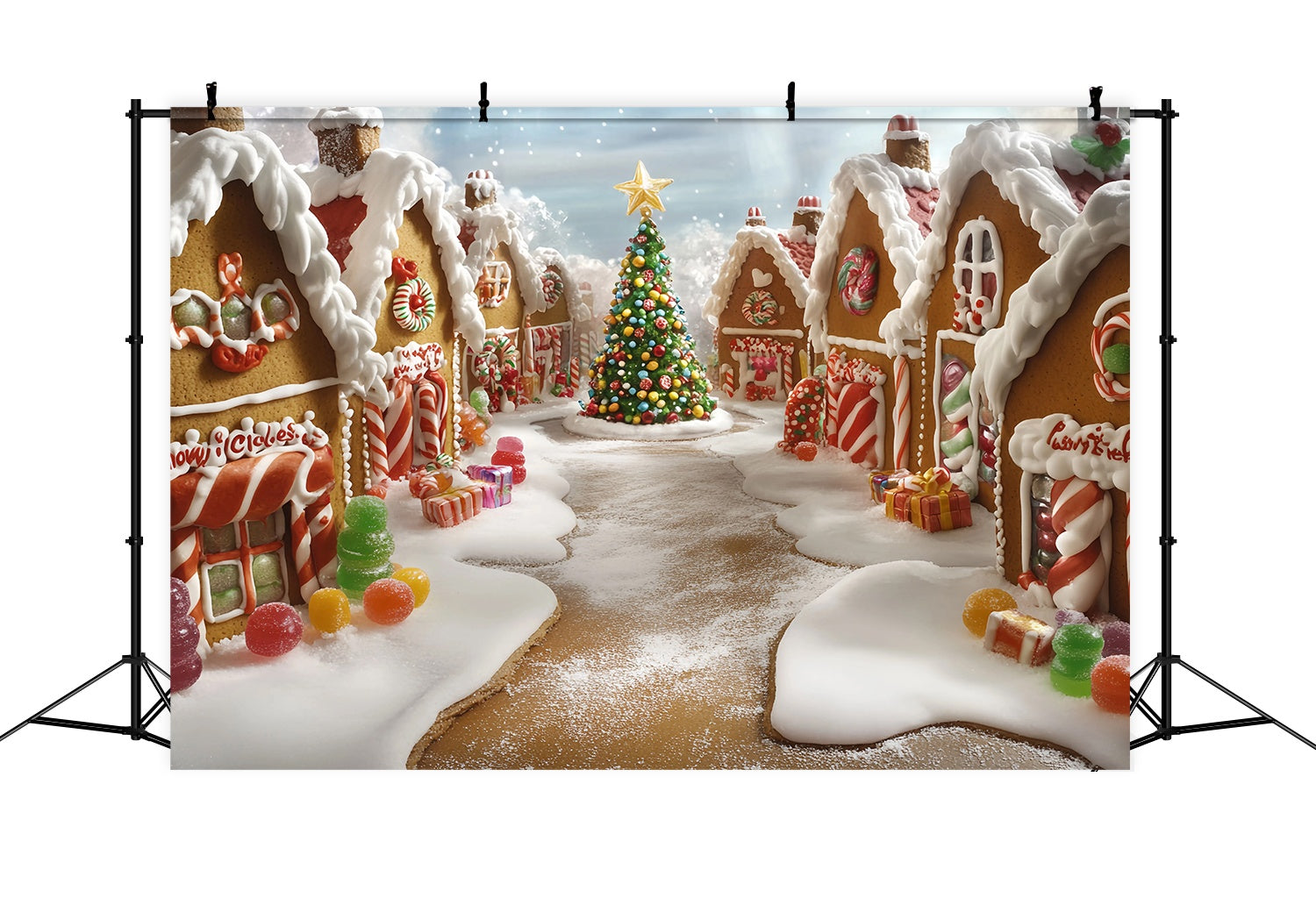 Candyland Christmas Backdrop Gingerbread Candy Village Christmas Tree Professional Christmas Backdrops TWW58-101