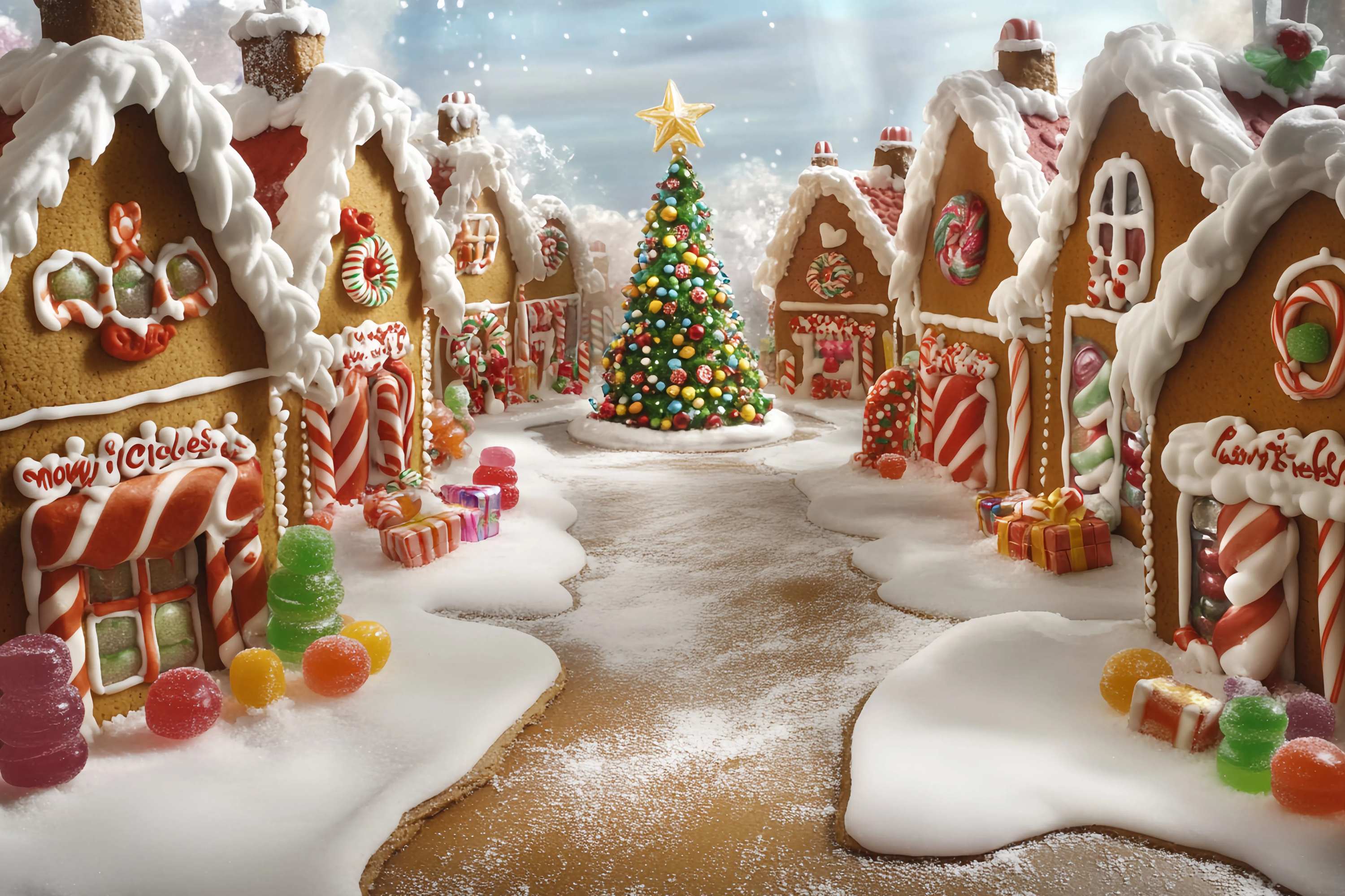 Candyland Christmas Backdrop Gingerbread Candy Village Christmas Tree Professional Christmas Backdrops TWW58-101