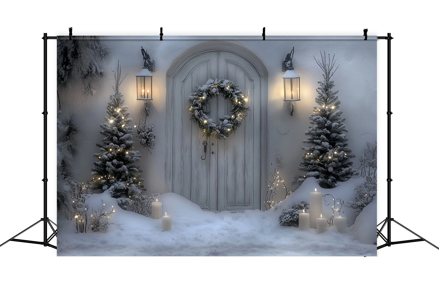 White Christmas Backdrop Snowy White Door Lantern Wreath Professional Christmas Backdrops TWW58-102