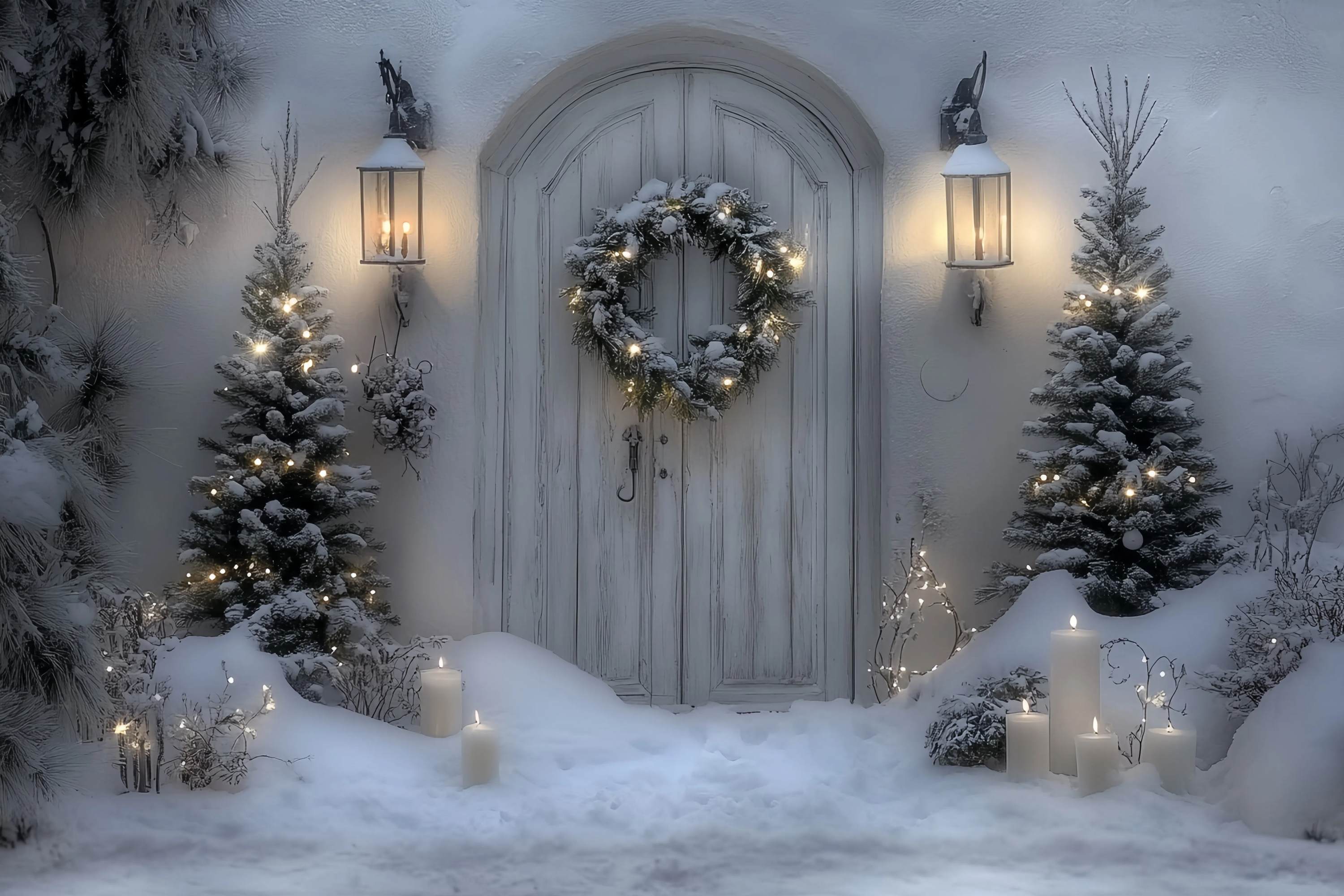 White Christmas Backdrop Snowy White Door Lantern Wreath Professional Christmas Backdrops TWW58-102