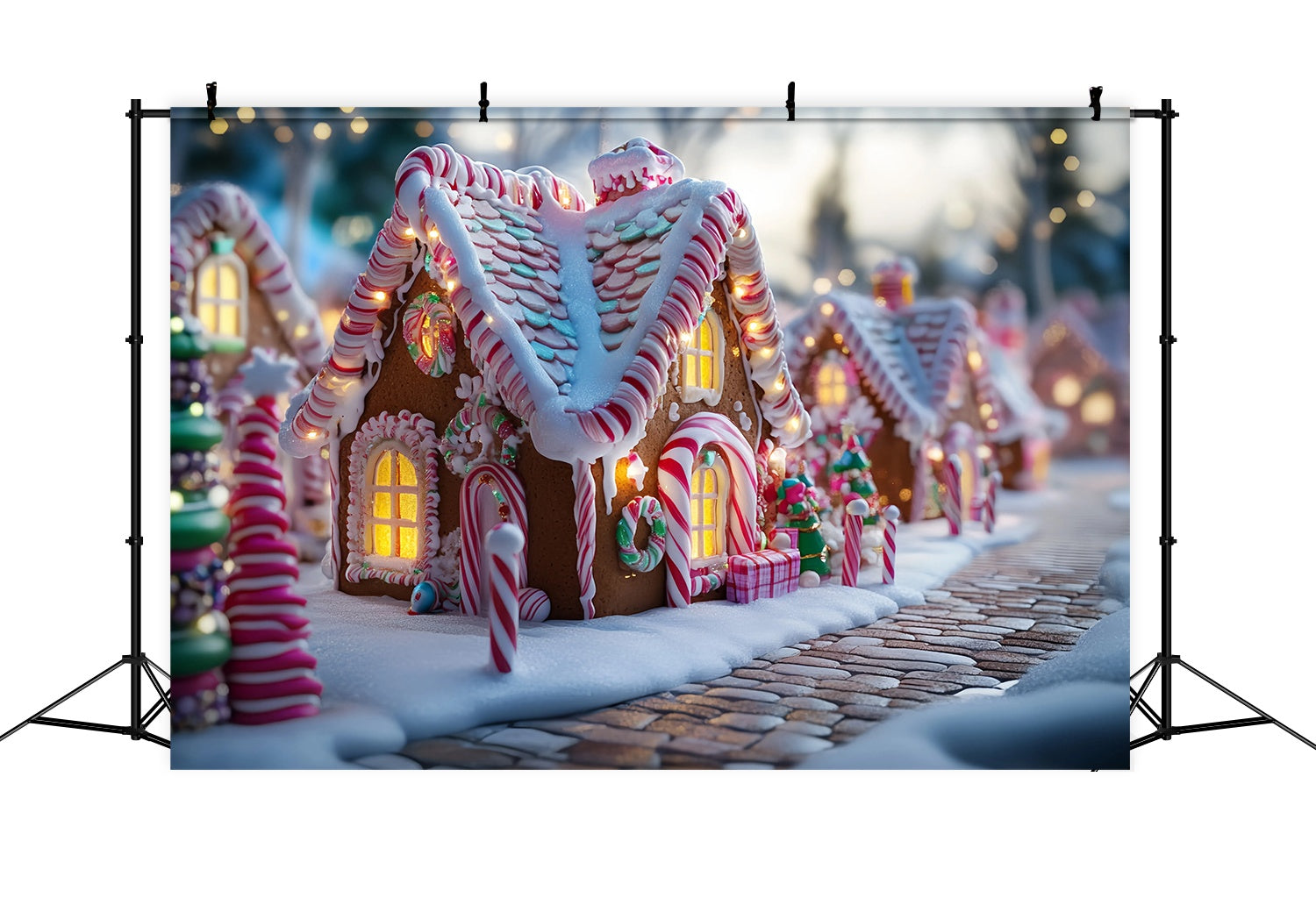 Candyland Christmas Backdrop Candy Cane Gingerbread House Street Christmas Photo Backdrops TWW58-103