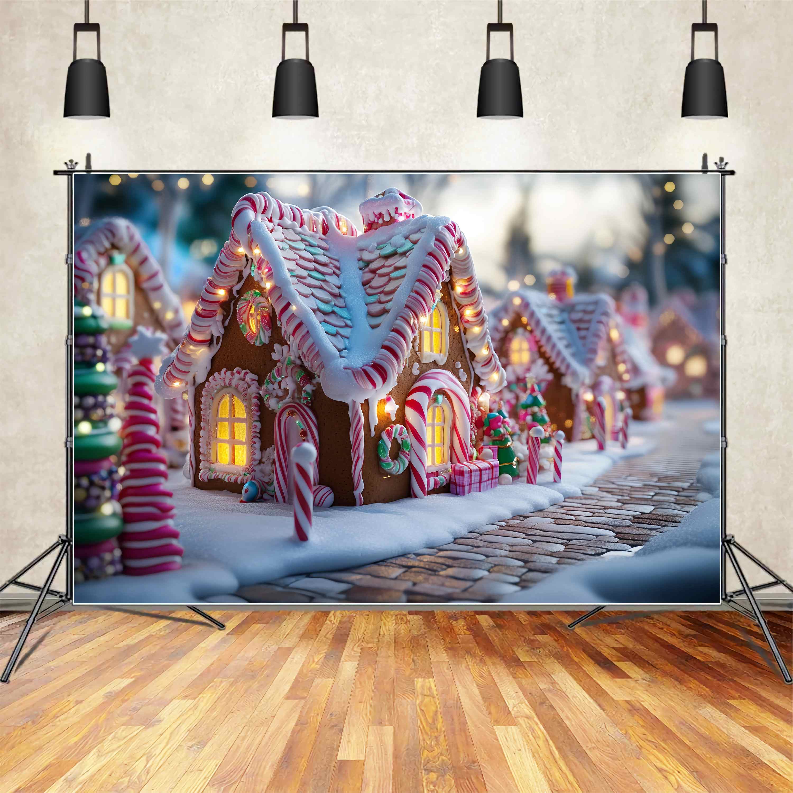 Candyland Christmas Backdrop Candy Cane Gingerbread House Street Christmas Photo Backdrops TWW58-103