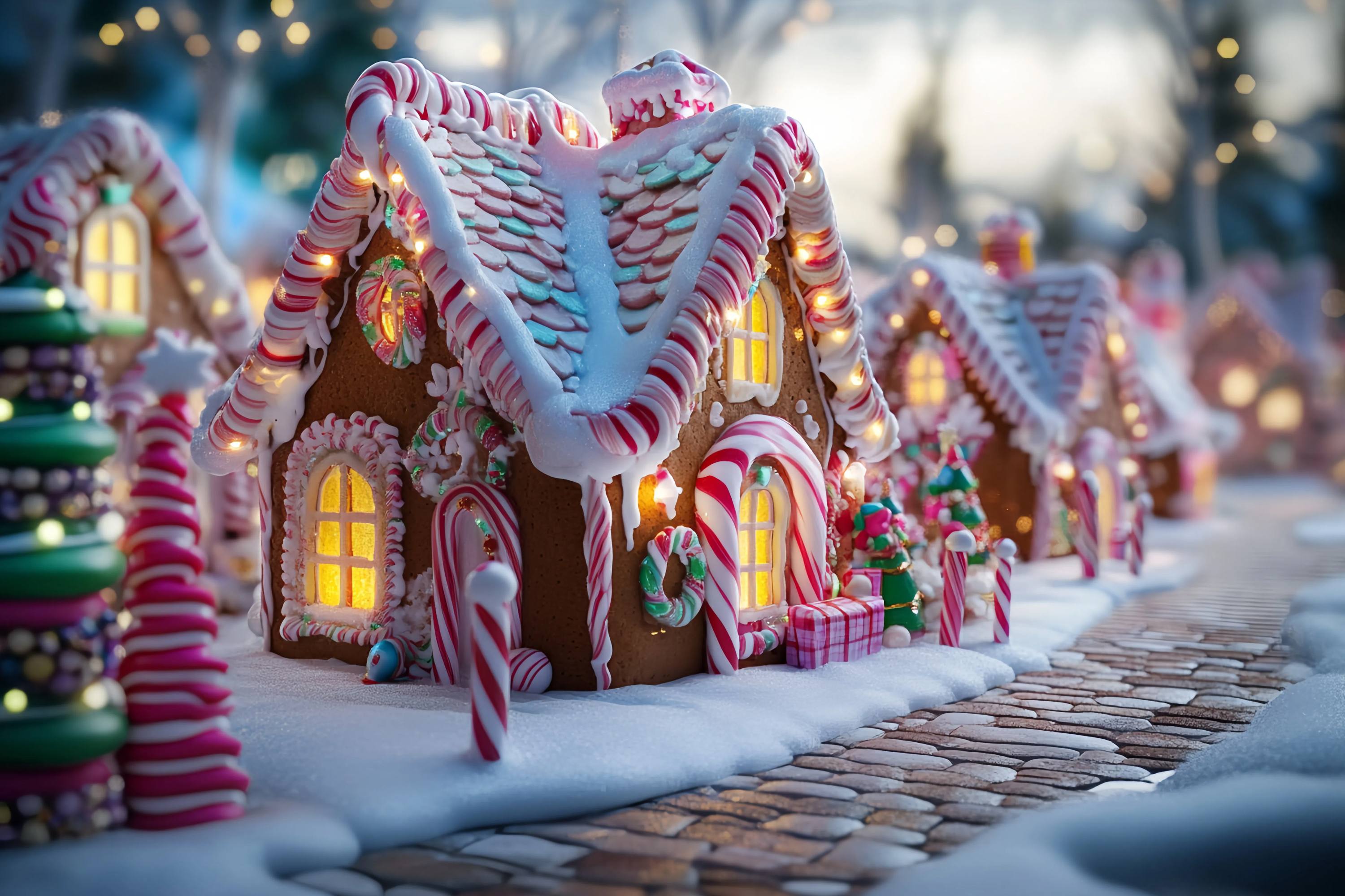 Candyland Christmas Backdrop Candy Cane Gingerbread House Street Christmas Photo Backdrops TWW58-103