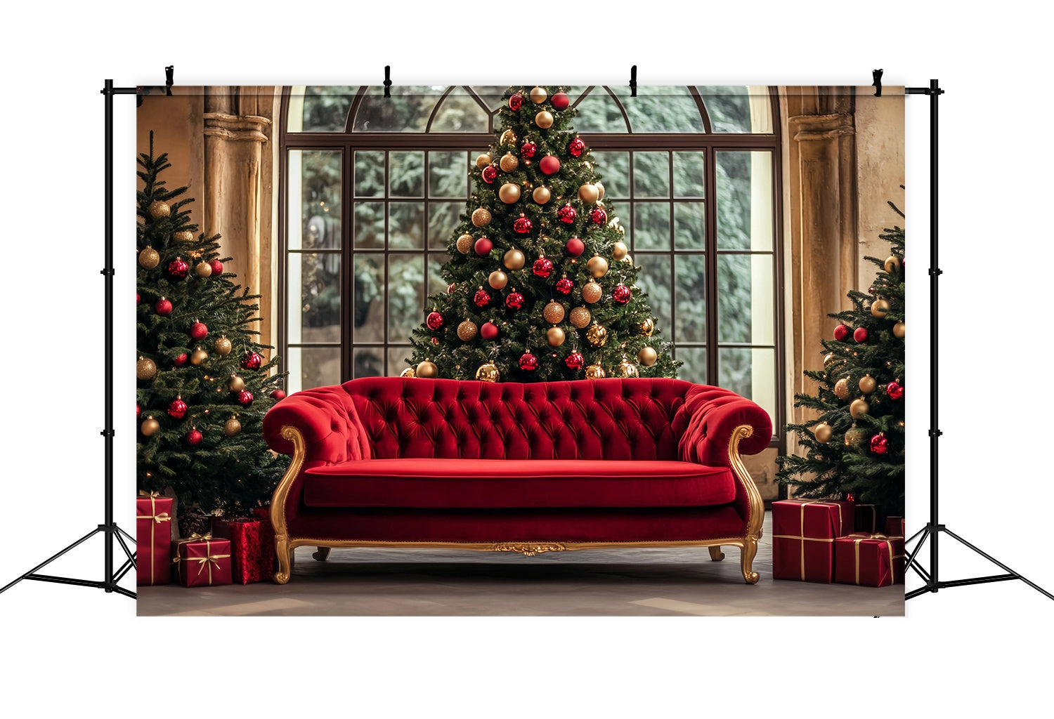 Christmas Tree Backdrop Red Gold Sofa Christmas Trees Professional Christmas Backdrops TWW58-104