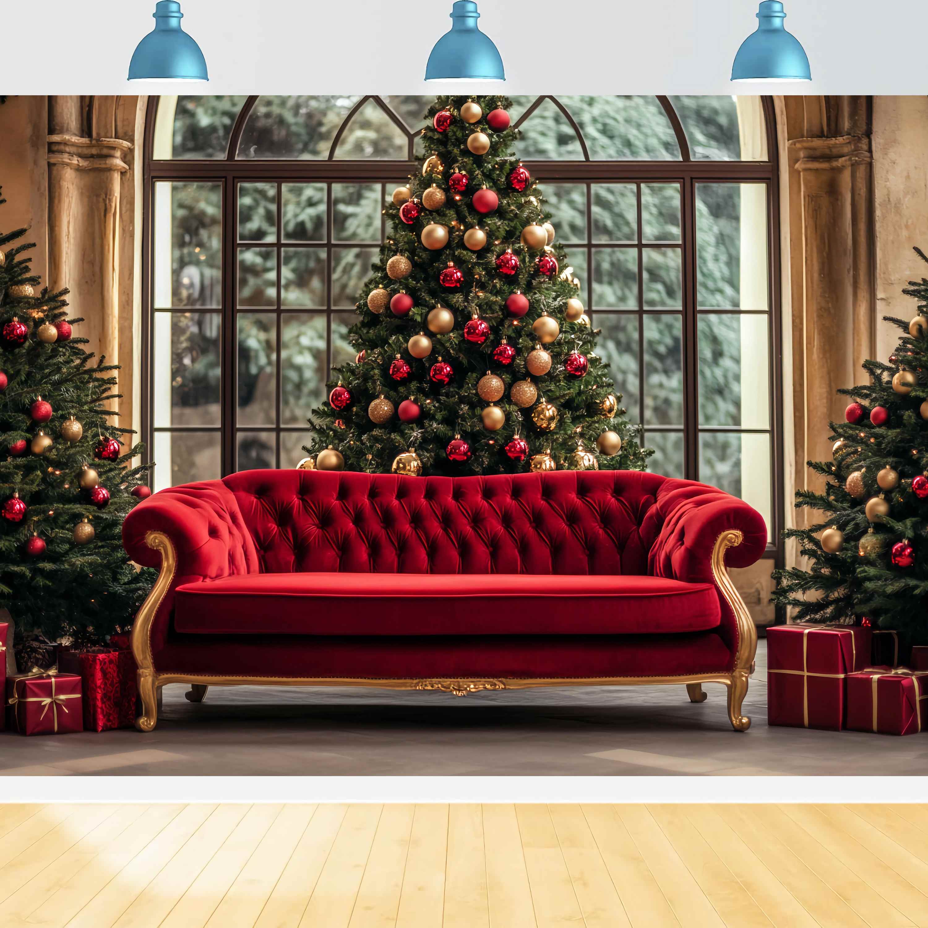 Christmas Tree Backdrop Red Gold Sofa Christmas Trees Professional Christmas Backdrops TWW58-104