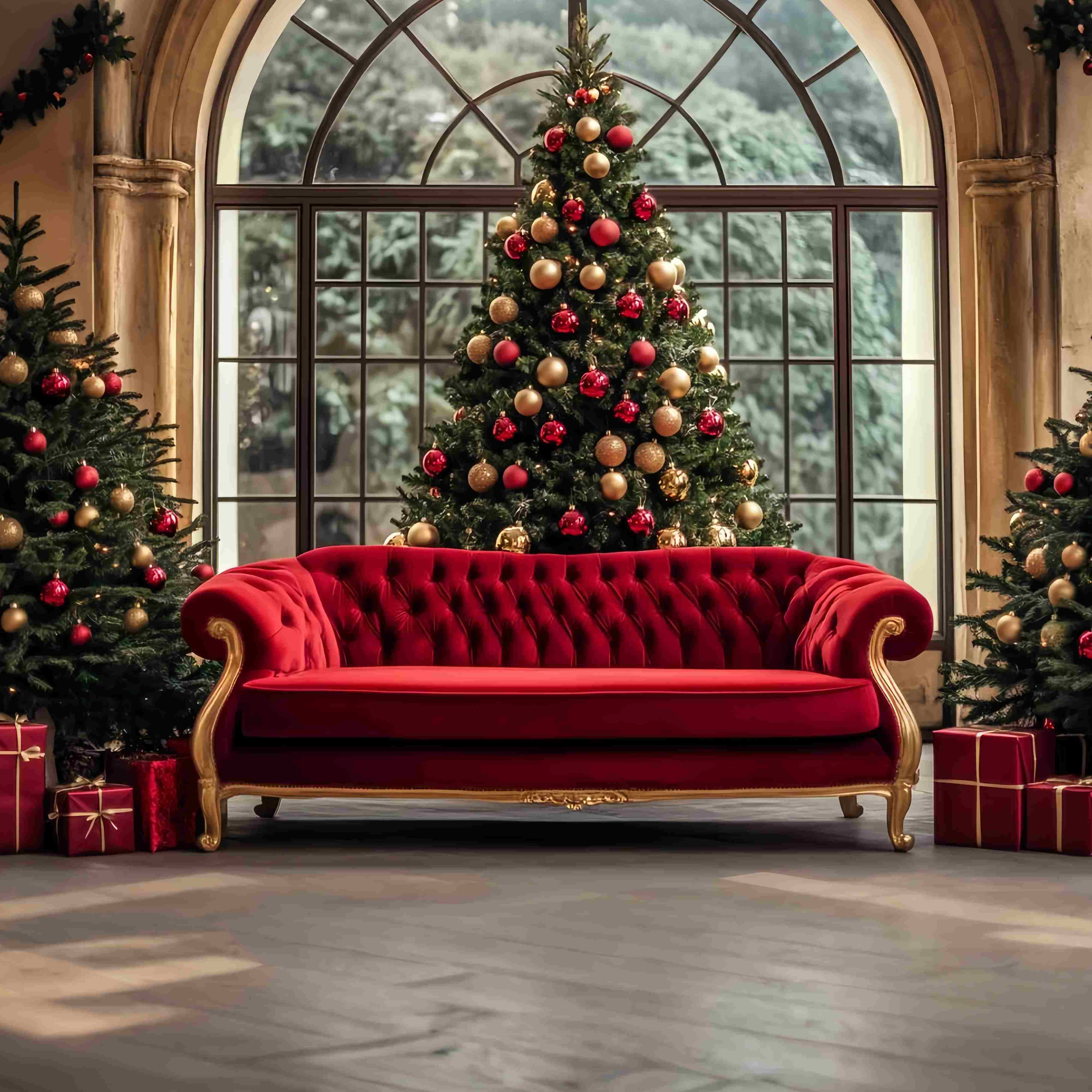 Christmas Tree Backdrop Red Gold Sofa Christmas Trees Professional Christmas Backdrops TWW58-104