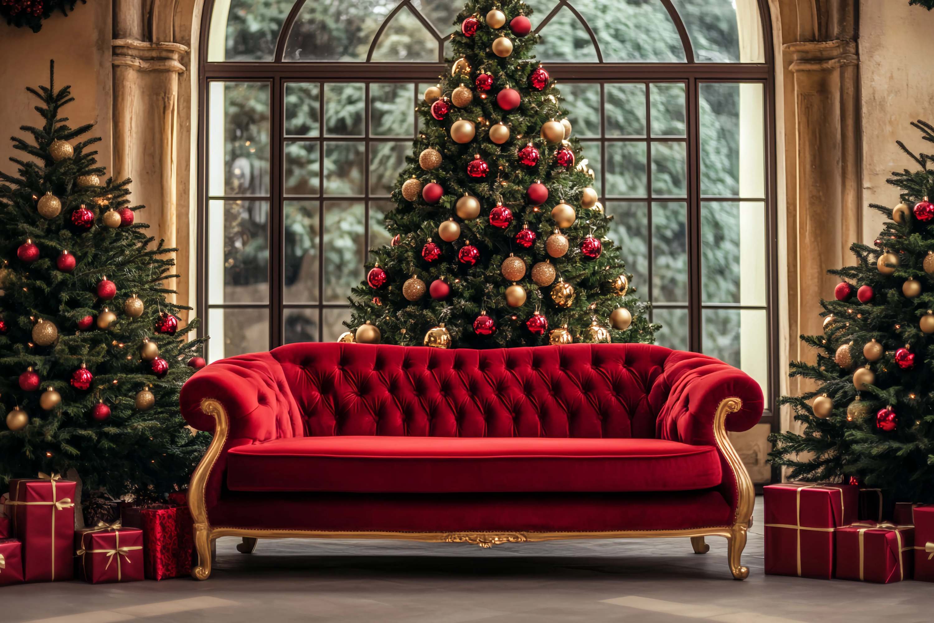 Christmas Tree Backdrop Red Gold Sofa Christmas Trees Professional Christmas Backdrops TWW58-104