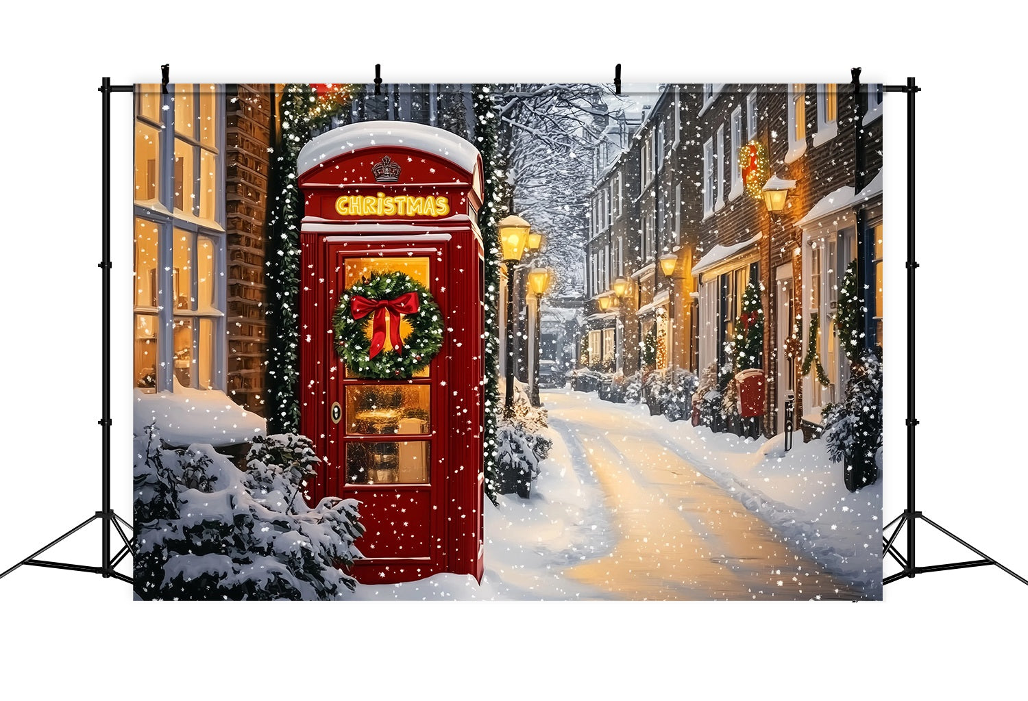Red Christmas Backdrop Red Phone Booth Snowy Street Backdrop Christmas TWW58-105