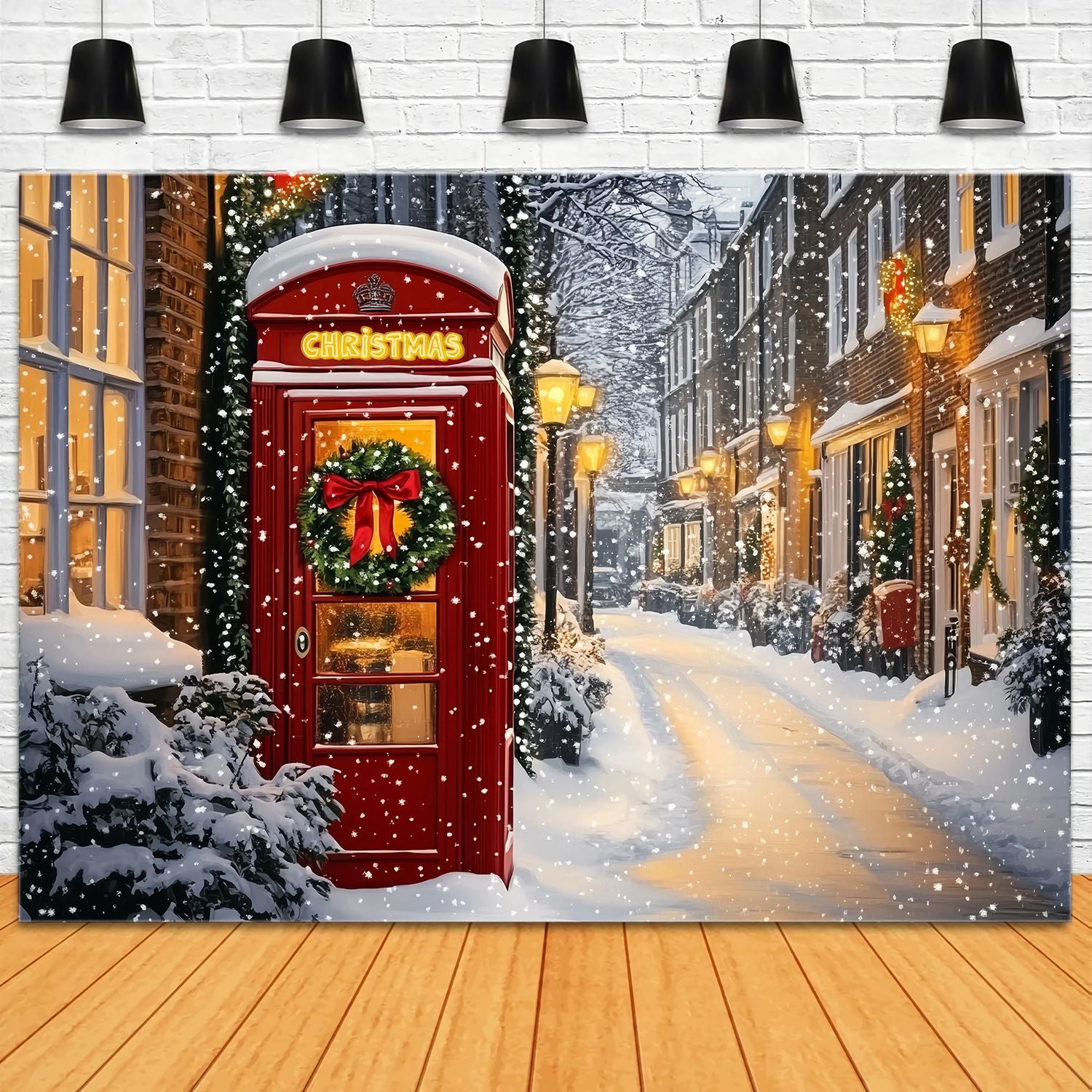 Red Christmas Backdrop Red Phone Booth Snowy Street Backdrop Christmas TWW58-105