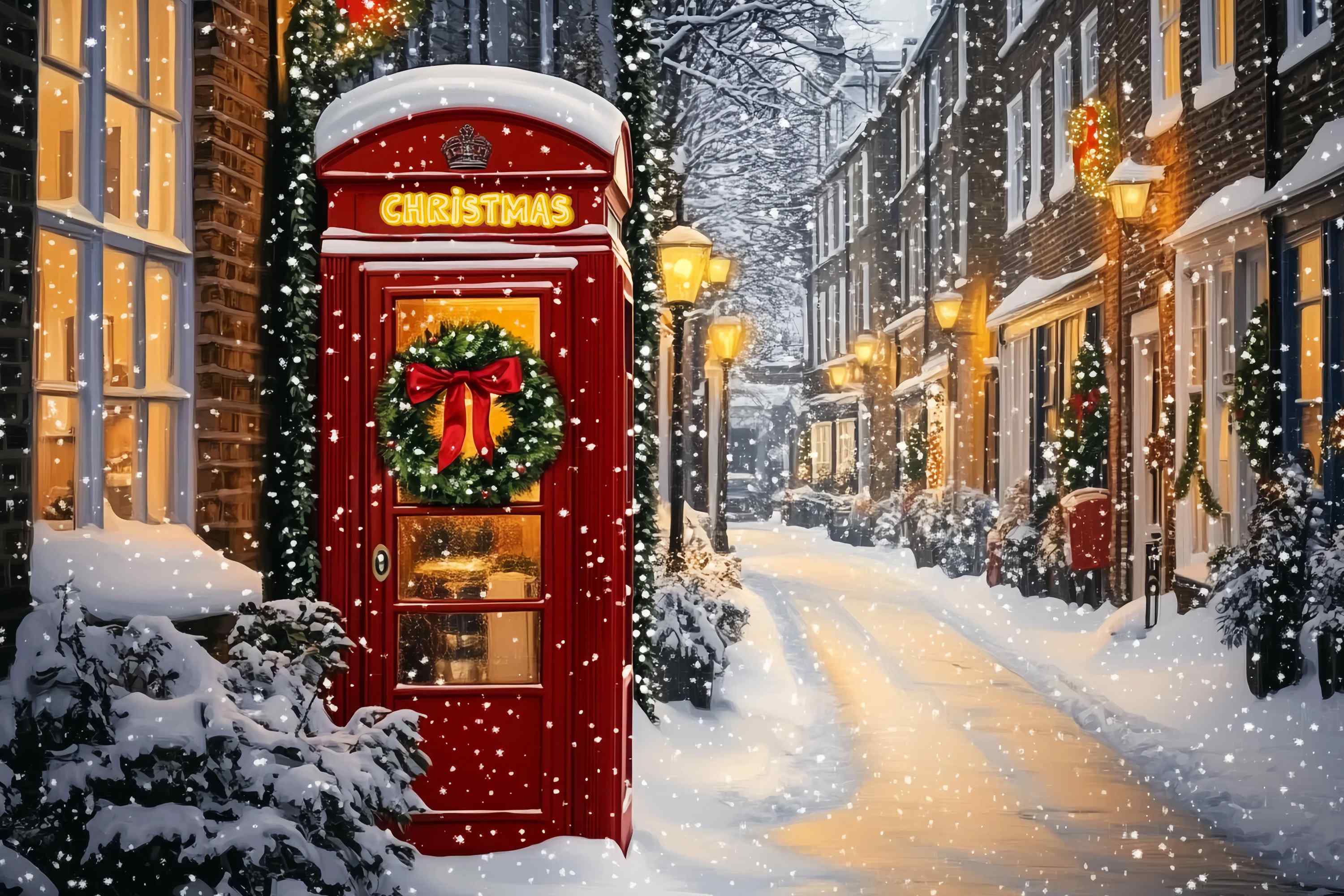 Red Christmas Backdrop Red Phone Booth Snowy Street Backdrop Christmas TWW58-105