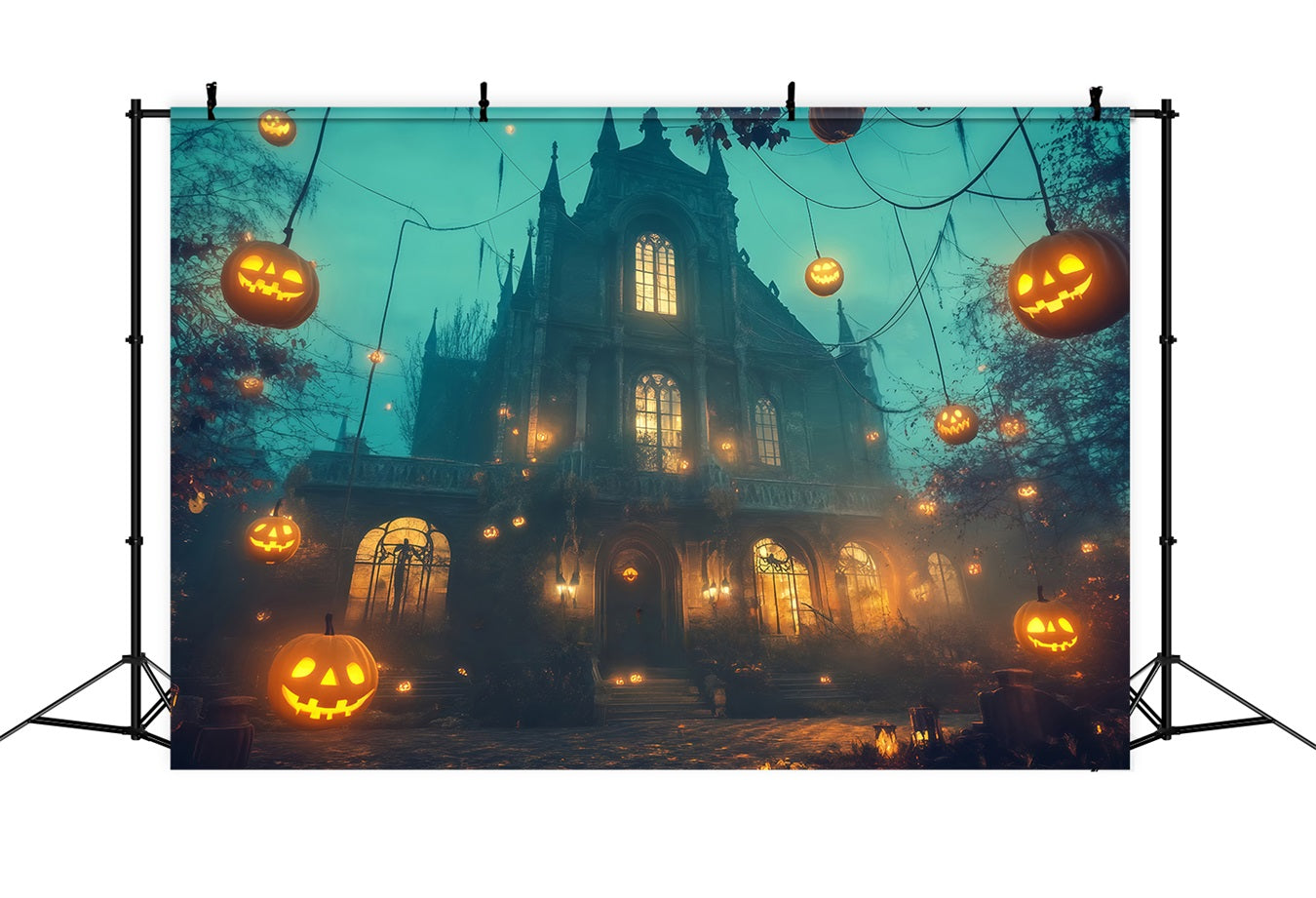 Haunted House Backdrop Floating Jack-O’-Lanterns Around Gothic Mansion Halloween Photo Backdrop TWW58-11