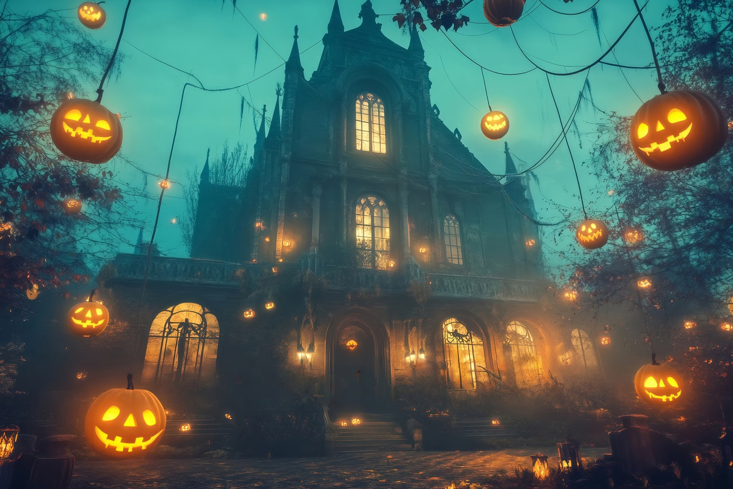 Haunted House Backdrop Floating Jack-O’-Lanterns Around Gothic Mansion Halloween Photo Backdrop TWW58-11