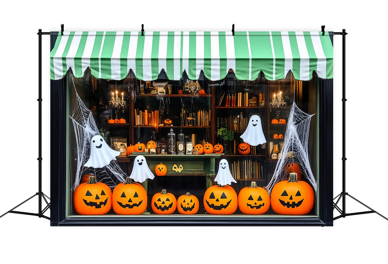 Halloween Smiling Pumpkins and Ghosts in Storefront Display Halloween Photo Backdrop TWW58-12
