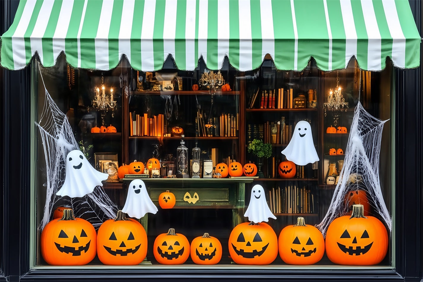 Halloween Smiling Pumpkins and Ghosts in Storefront Display Halloween Photo Backdrop TWW58-12