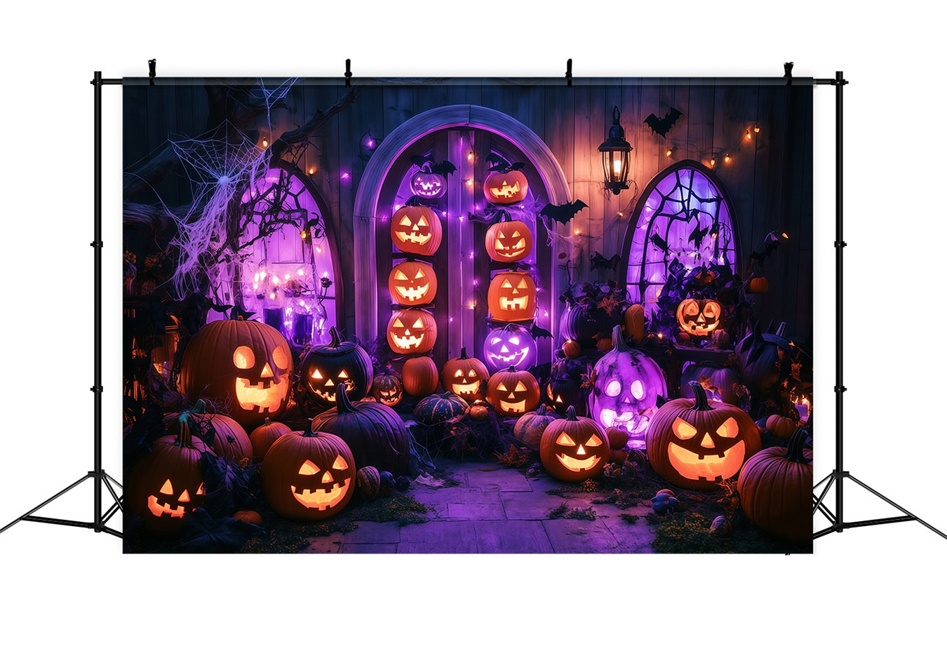 Halloween Wall Backdrop Glowing Jack-O’-Lantern Porch with Purple Lights Halloween Photo Backdrop TWW58-13