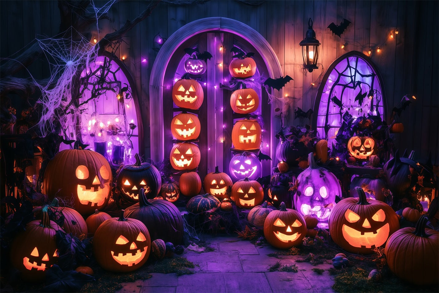Halloween Wall Backdrop Glowing Jack-O’-Lantern Porch with Purple Lights Halloween Photo Backdrop TWW58-13