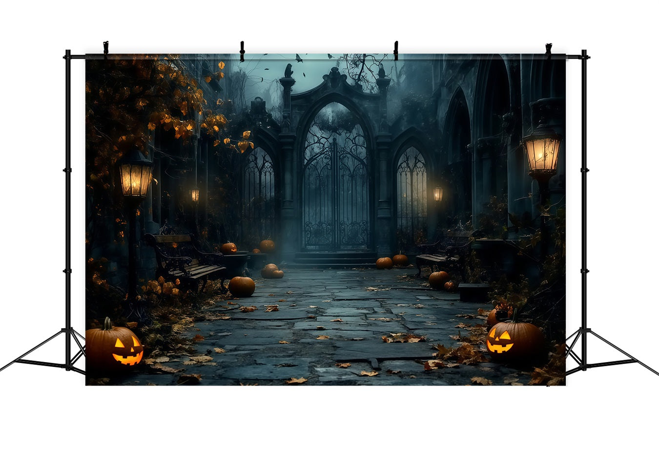 Halloween Foggy Gothic Gate with Scattered Pumpkins Halloween Photo Backdrop TWW58-15