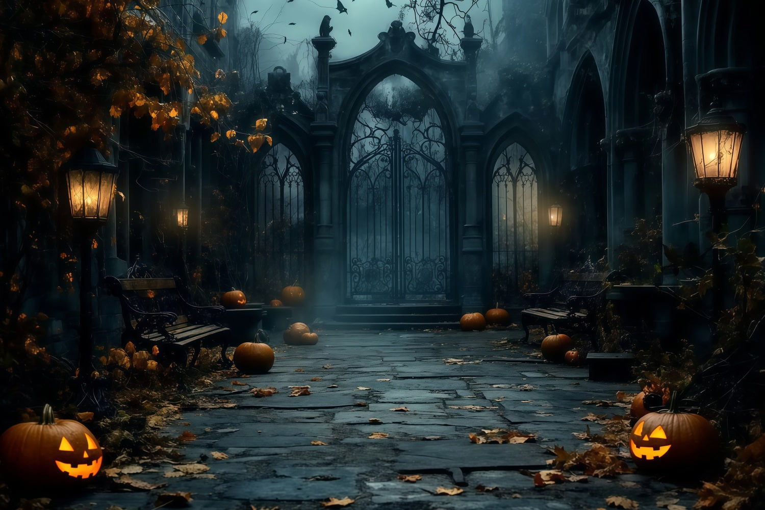 Halloween Foggy Gothic Gate with Scattered Pumpkins Halloween Photo Backdrop TWW58-15
