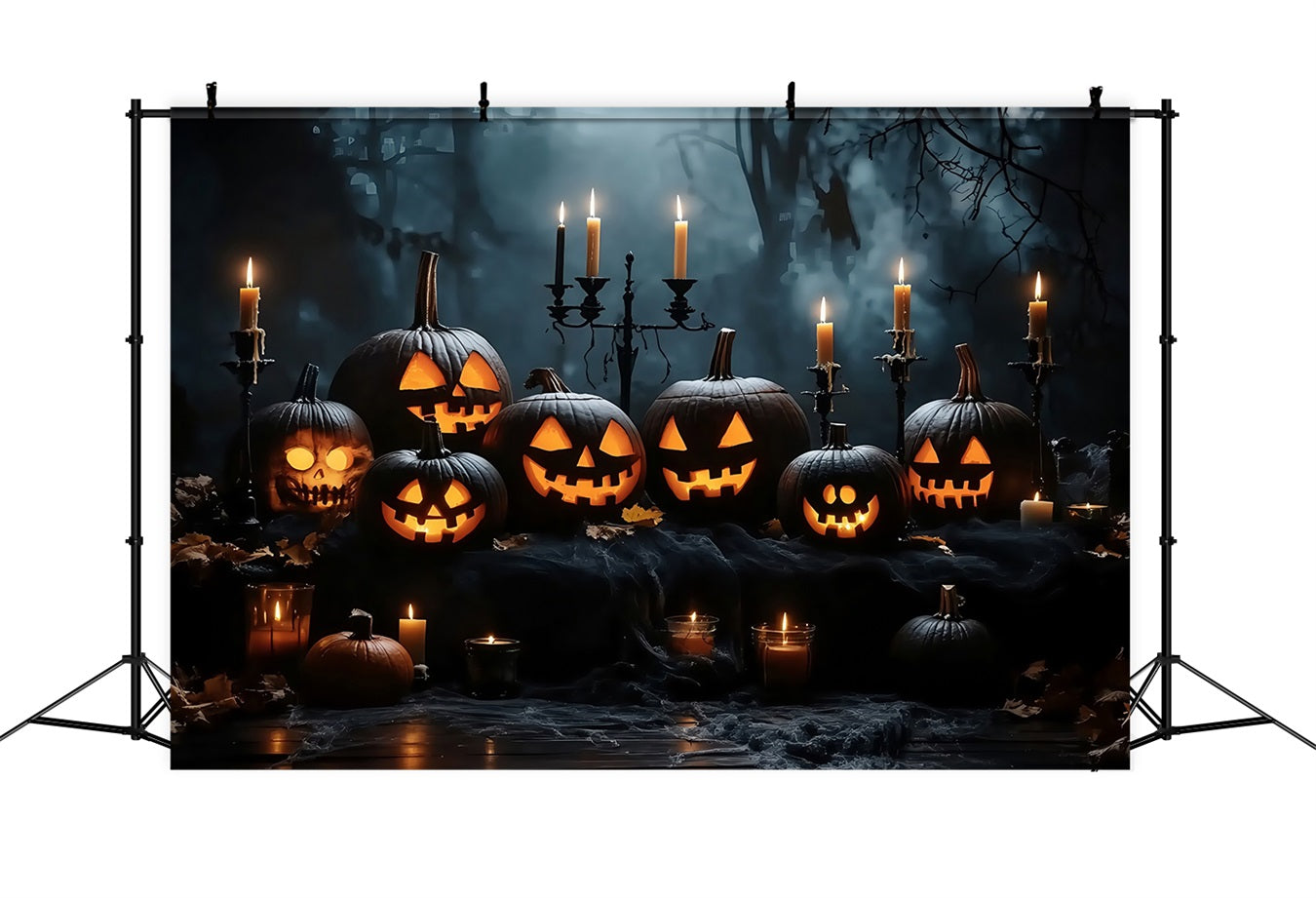 Halloween Candlelit Jack-O’-Lantern Display in Dark Woods Halloween Backdrop for Photos TWW58-16