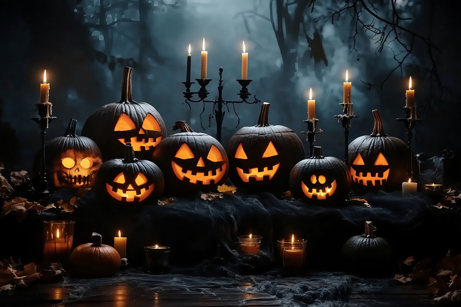 Halloween Candlelit Jack-O’-Lantern Display in Dark Woods Halloween Backdrop for Photos TWW58-16