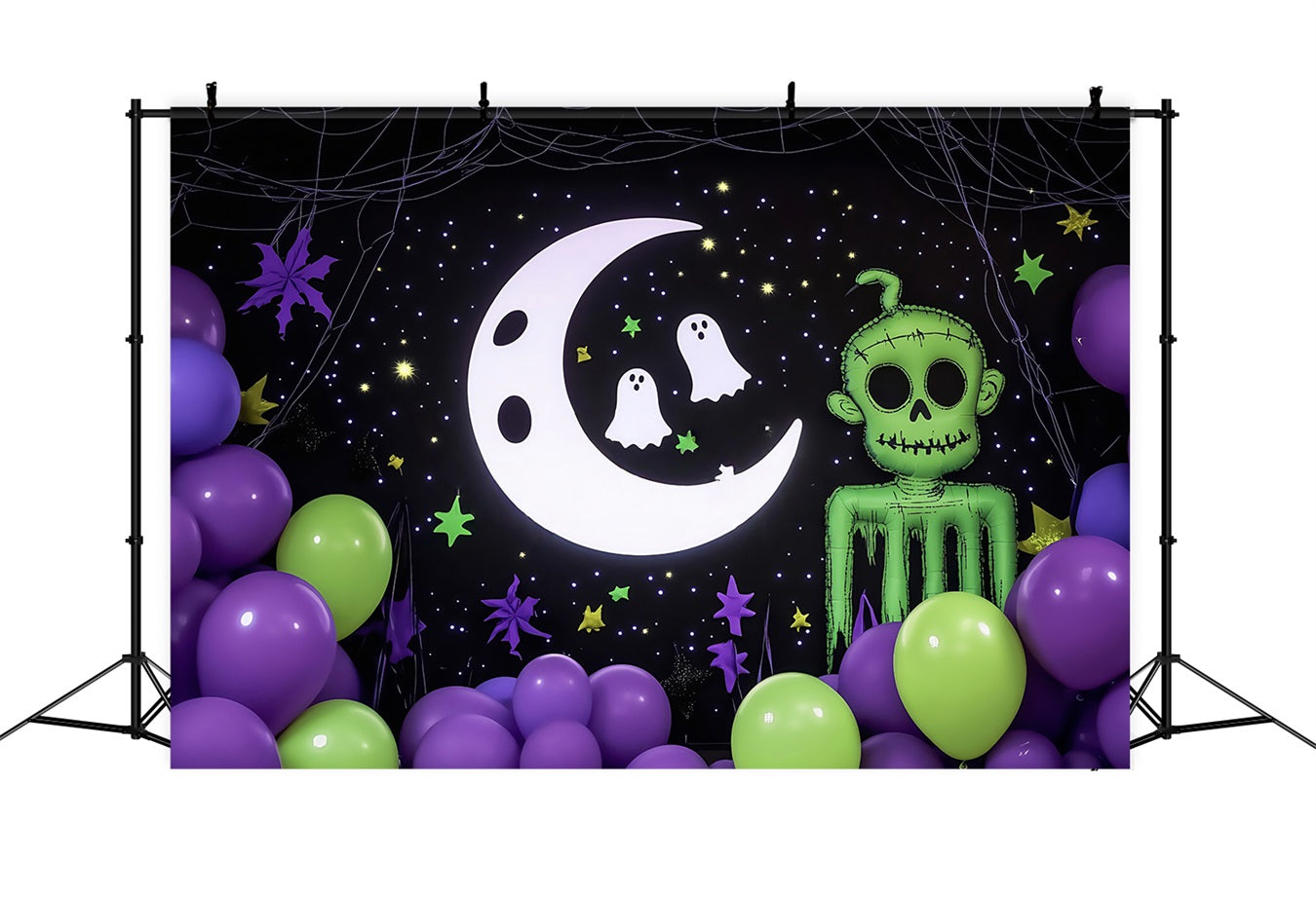 Halloween Wall Backdrop Cartoon Moon Ghosts and Green Zombie Decor Halloween Backdrop for Photos TWW58-17