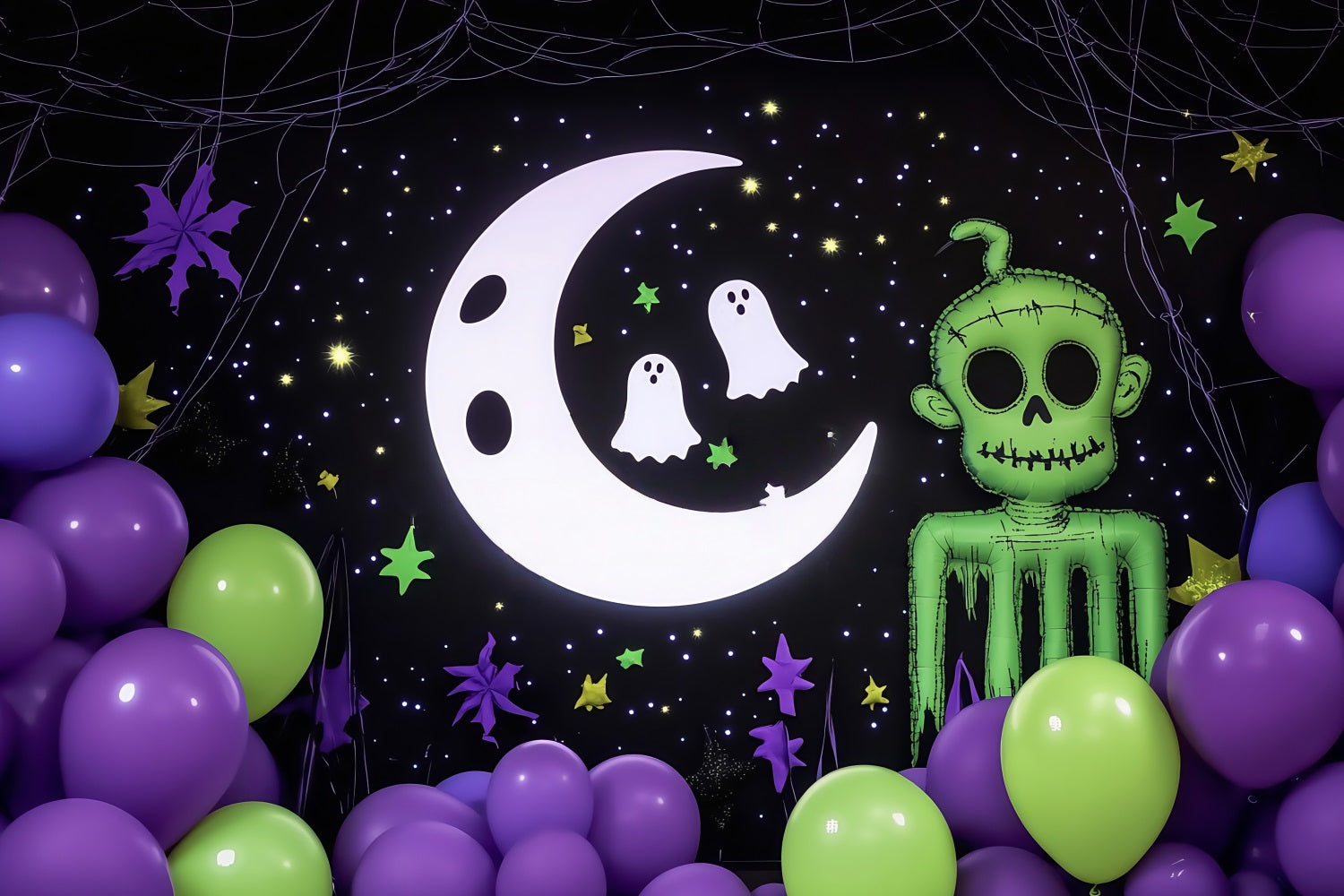 Halloween Wall Backdrop Cartoon Moon Ghosts and Green Zombie Decor Halloween Backdrop for Photos TWW58-17