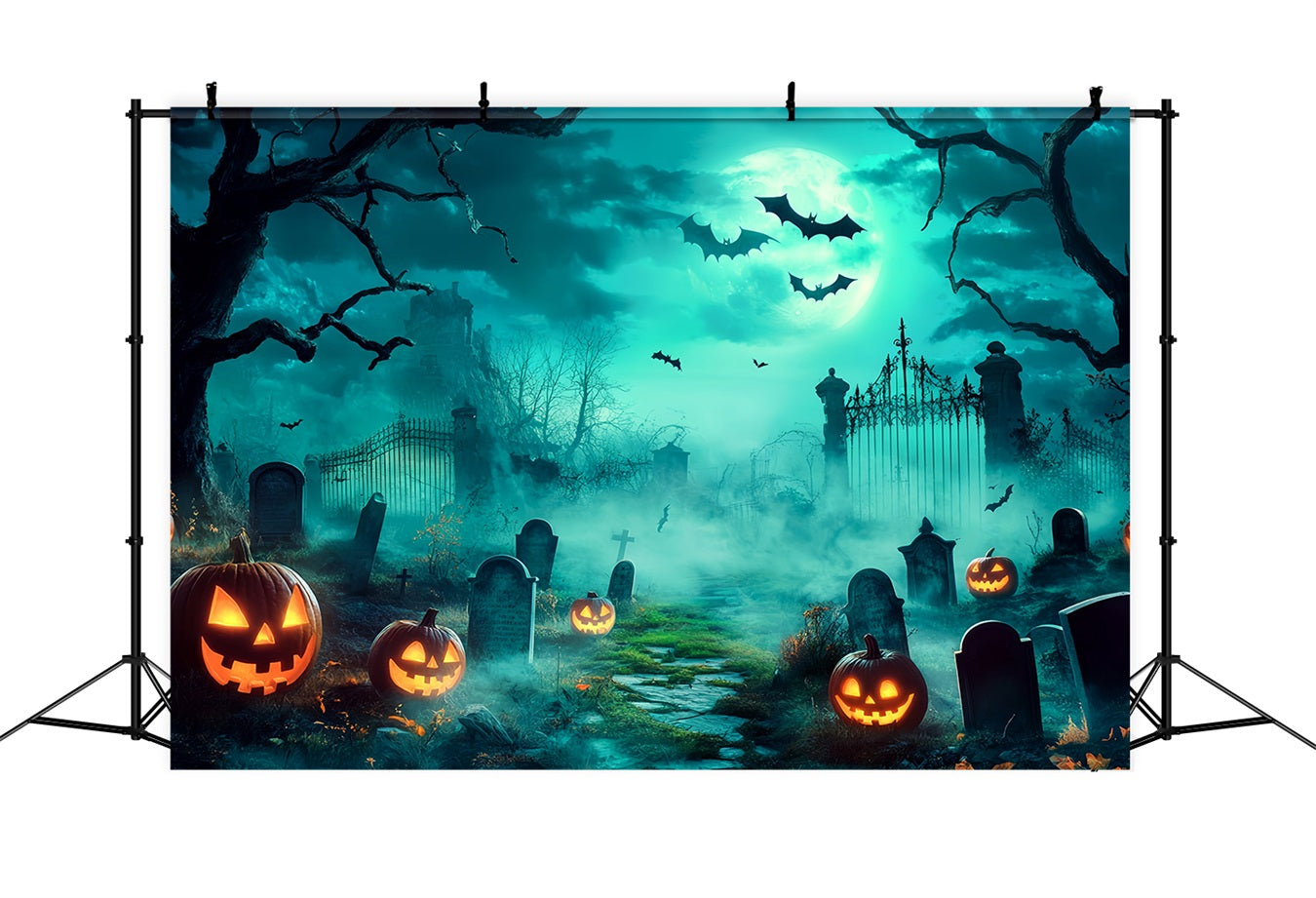 Halloween Graveyard Backdrop Spooky Graveyard with Glowing Jack-O’-Lanterns Halloween Backdrop for Photos TWW58-18