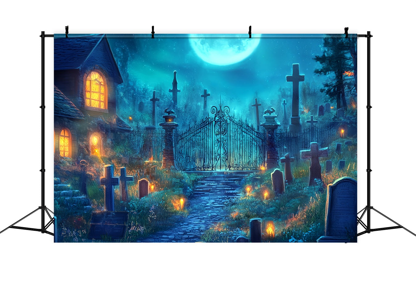 Halloween Graveyard Backdrop Moonlit Cemetery with Iron Gate Halloween Backdrop TWW58-2