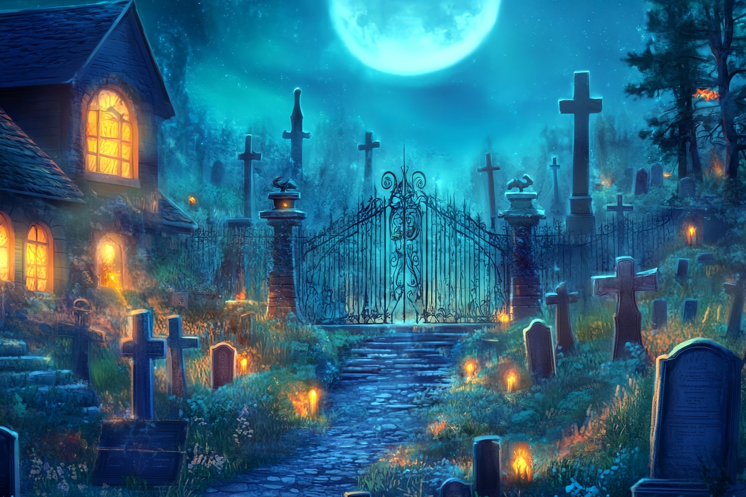 Halloween Graveyard Backdrop Moonlit Cemetery with Iron Gate Halloween Backdrop TWW58-2