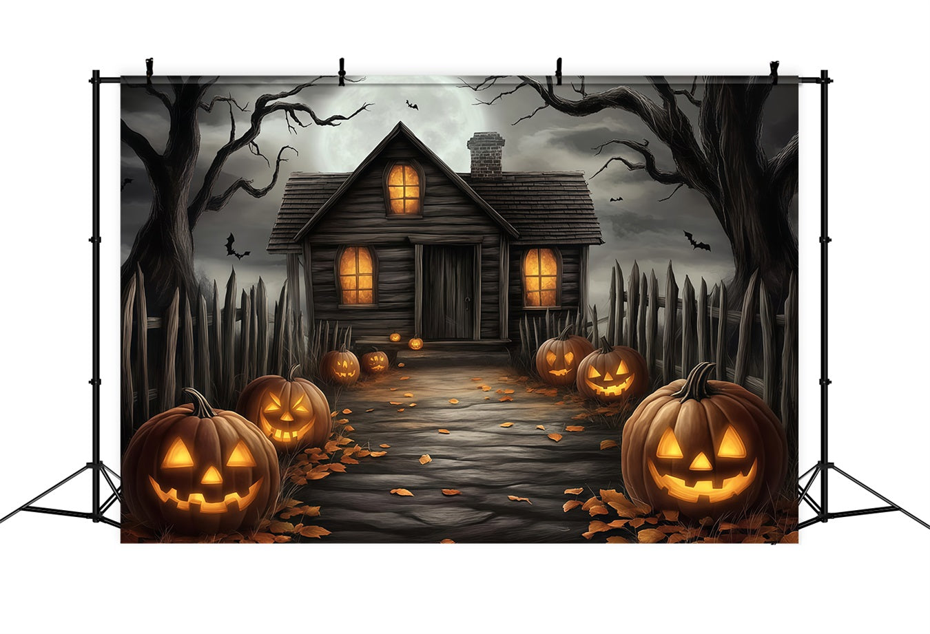 Halloween Haunted House Pathway with Carved Pumpkins Halloween Backdrop for Photos TWW58-20