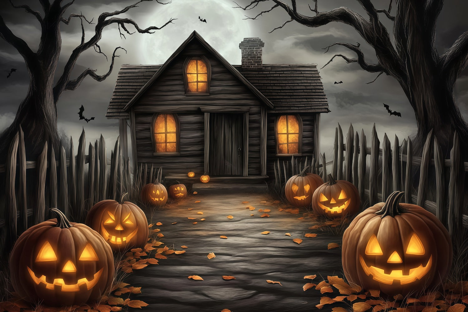 Halloween Haunted House Pathway with Carved Pumpkins Halloween Backdrop for Photos TWW58-20