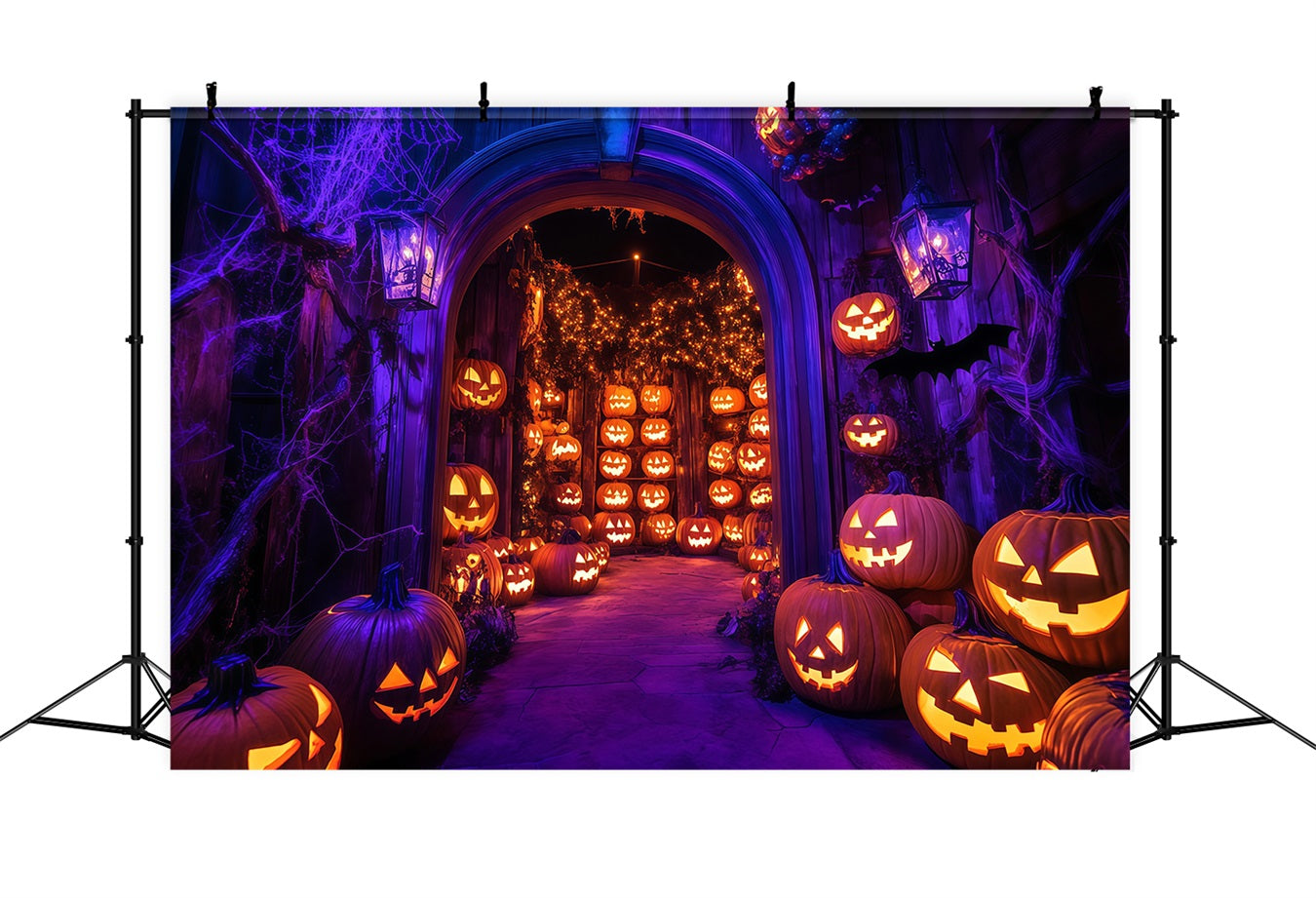 Halloween Wall Backdrop Glowing Jack-O’-Lantern Archway with Spider Webs Halloween Backdrop Ideas TWW58-21