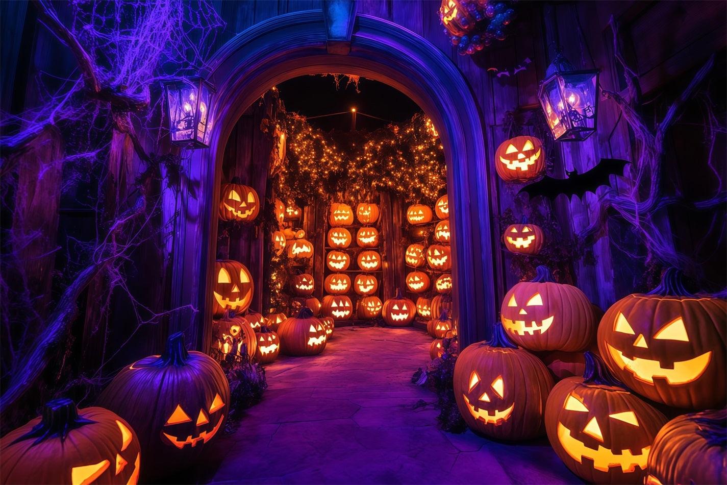Halloween Wall Backdrop Glowing Jack-O’-Lantern Archway with Spider Webs Halloween Backdrop Ideas TWW58-21