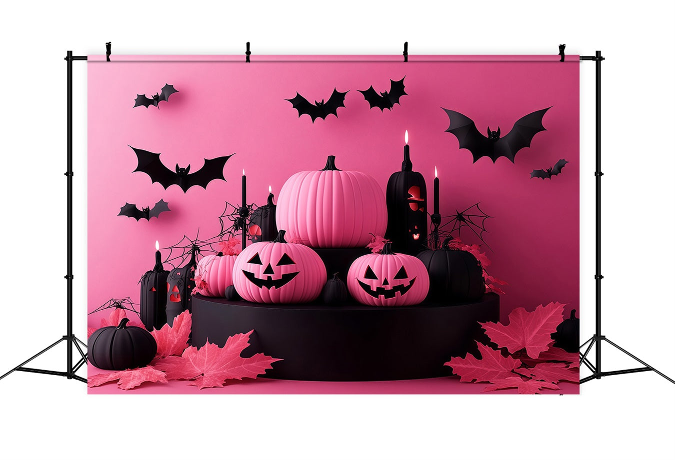 Halloween Pink and Black Pumpkins with Flying Bats Halloween Backdrop Ideas TWW58-22