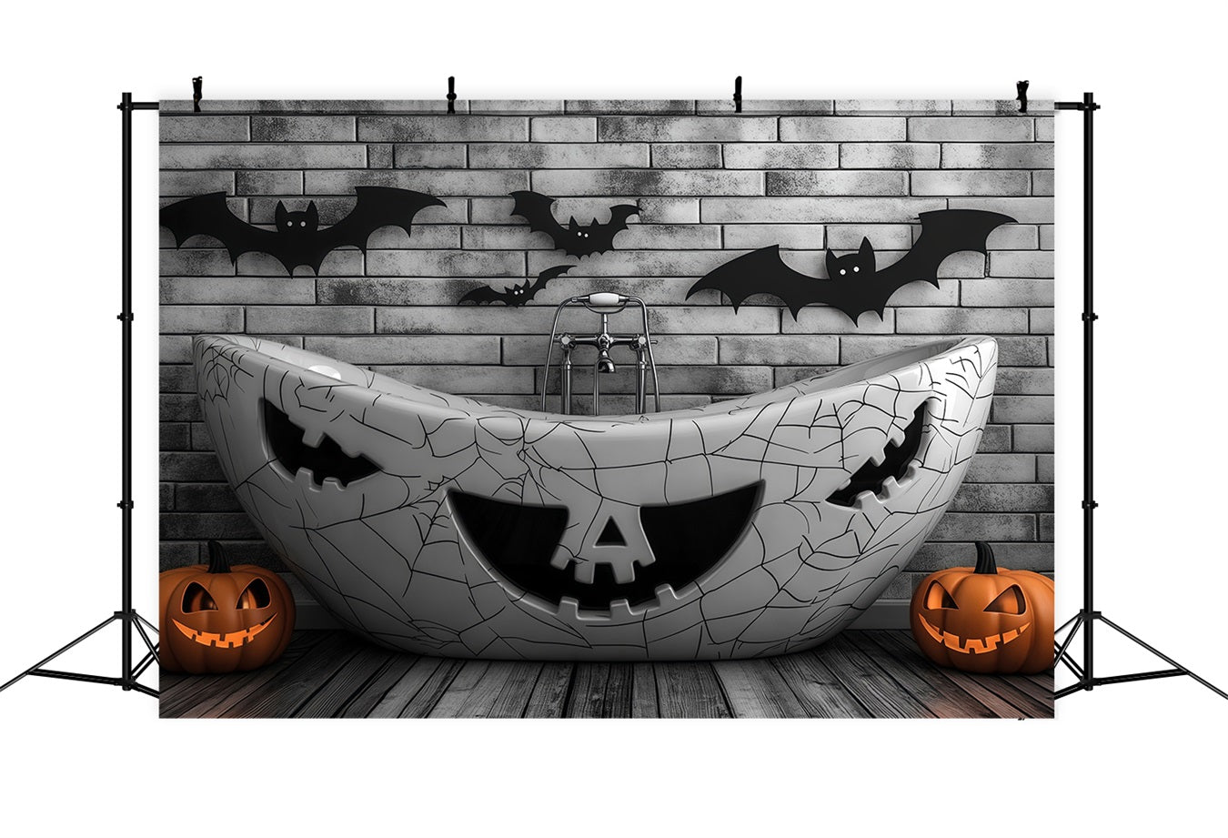 Halloween Haunted Bathtub with Pumpkin Carvings and Bats Halloween Backdrop Ideas TWW58-23