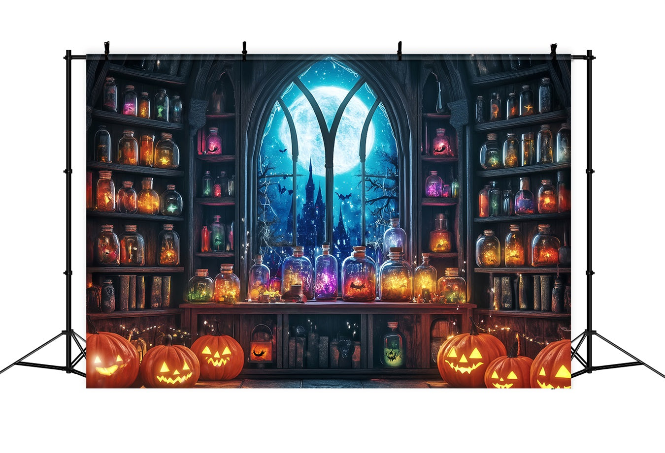 Halloween Wall Backdrop Moonlit Potion Room with Pumpkins and Jars Halloween Backdrop Ideas TWW58-24